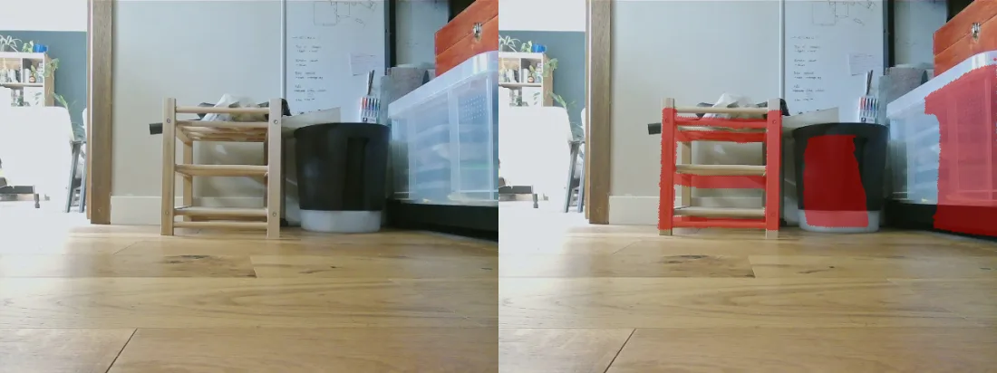 Obstacle detection vs. a clean floor: stool legs, bin and a transparent box mark; the open floor stays clear.